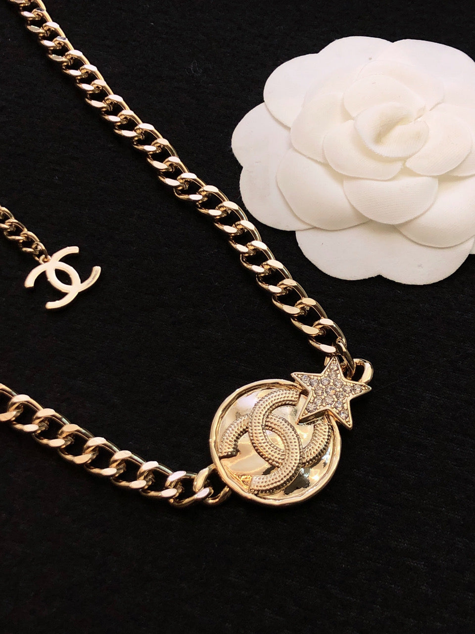 Chanel Rhinestone Star Chain 18K Gold Necklace