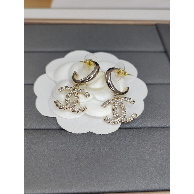 Chanel Diamond Pendant 18K Gold Earrings