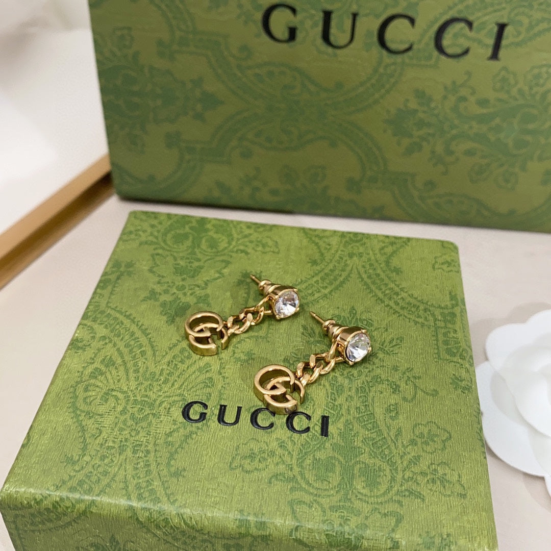 Gucci Double Crystal Chain 18K Gold Earrings