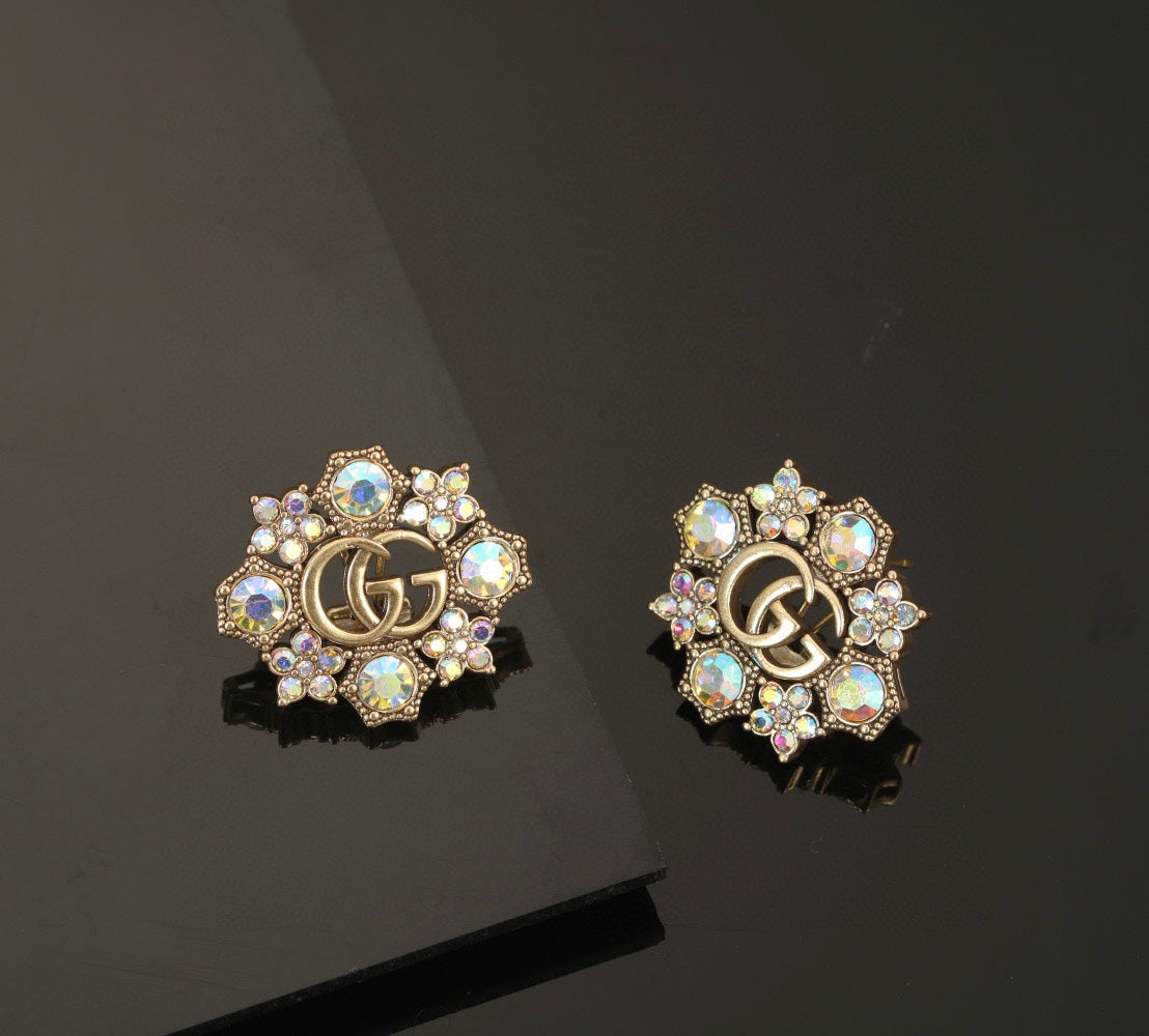 Gucci Double Blue Flowers 18K Gold Earrings