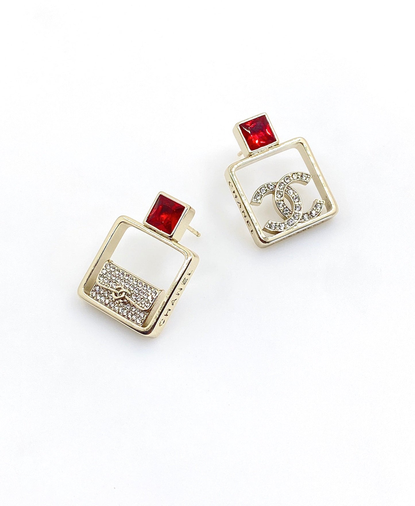 Chanel Red Bottle Pendant 18K Gold Earrings