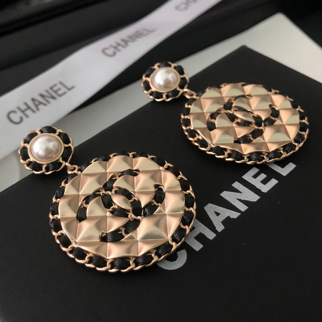Chanel Leather Round 18K Gold Earrings