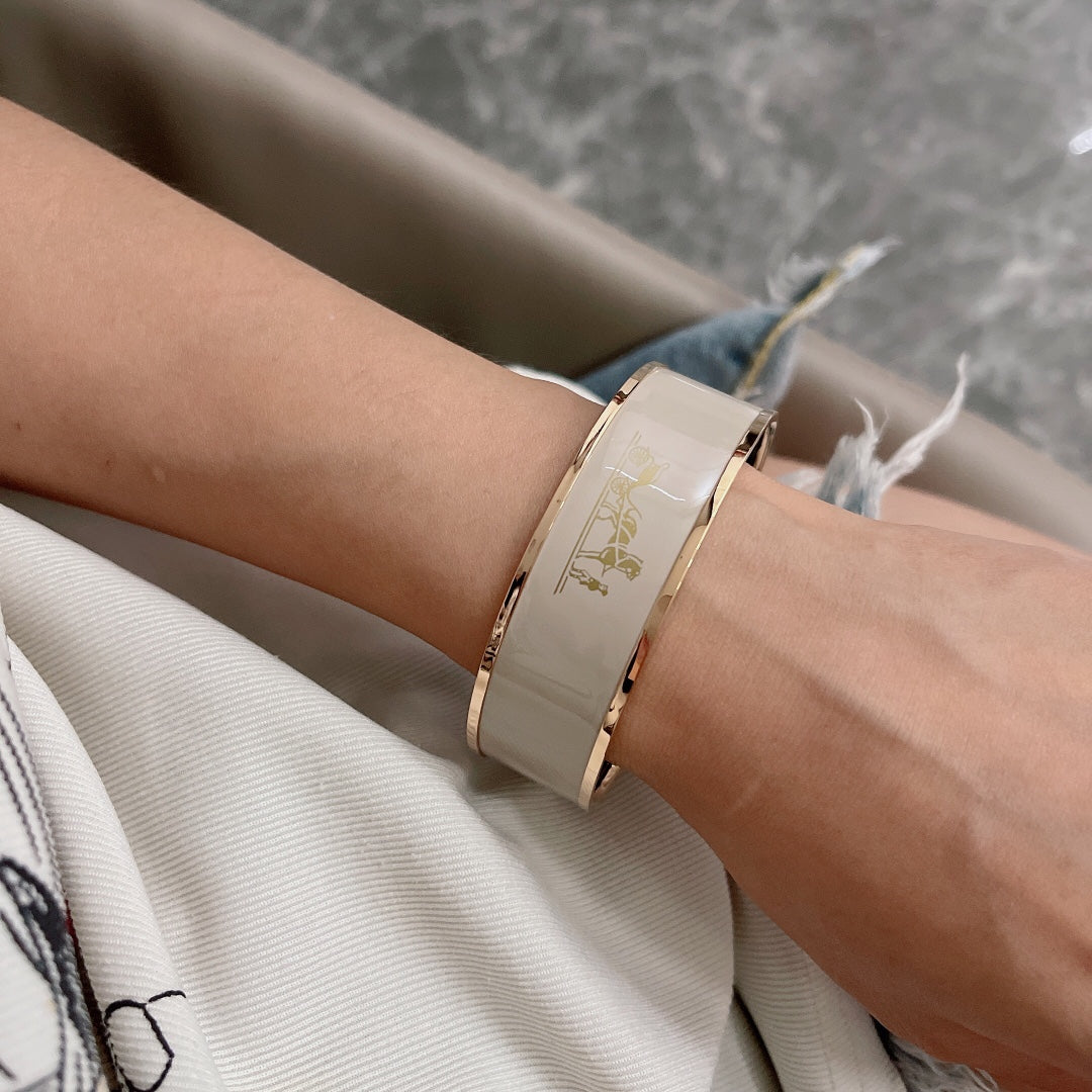 Hermes Enamel Cal ̈ ̈che Wide Bangle 18K Gold Bracelet