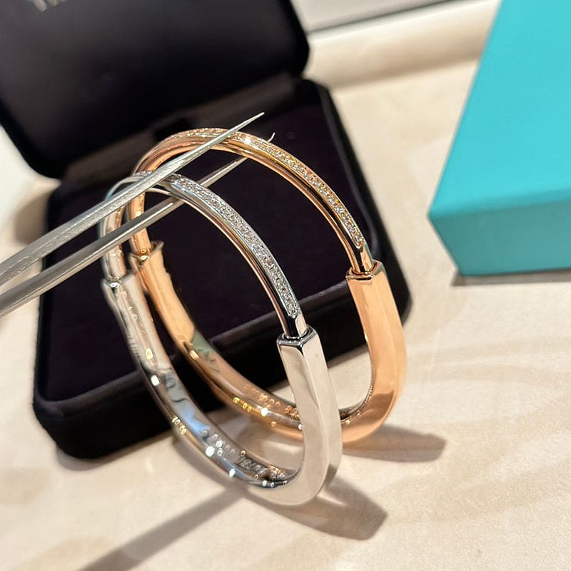 Tiffany Lock Bangle Half Pave Diamonds 18K Gold Bracelet