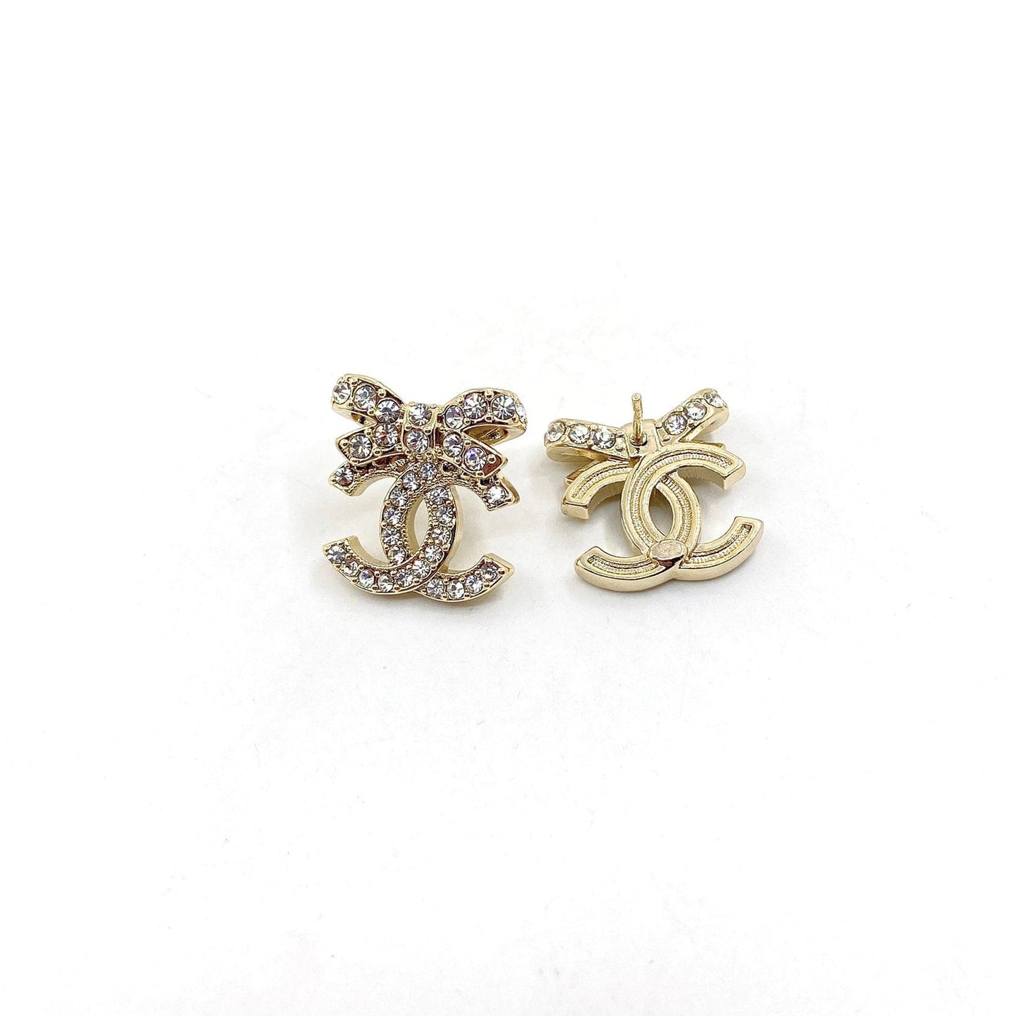Chanel Strass Bow Stud 18K Gold Earrings