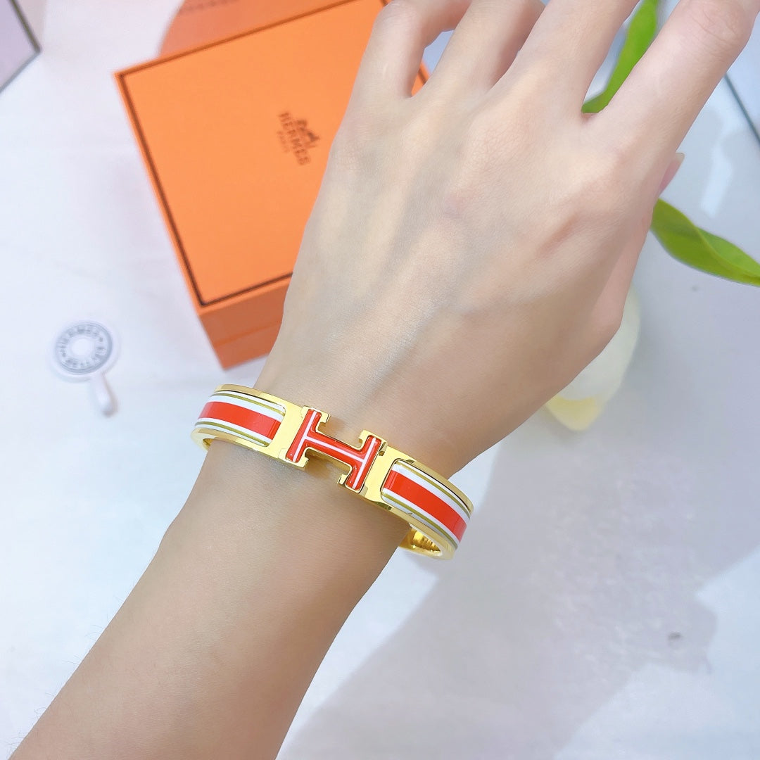Hermes Clic Red & White 18K Gold Bracelet