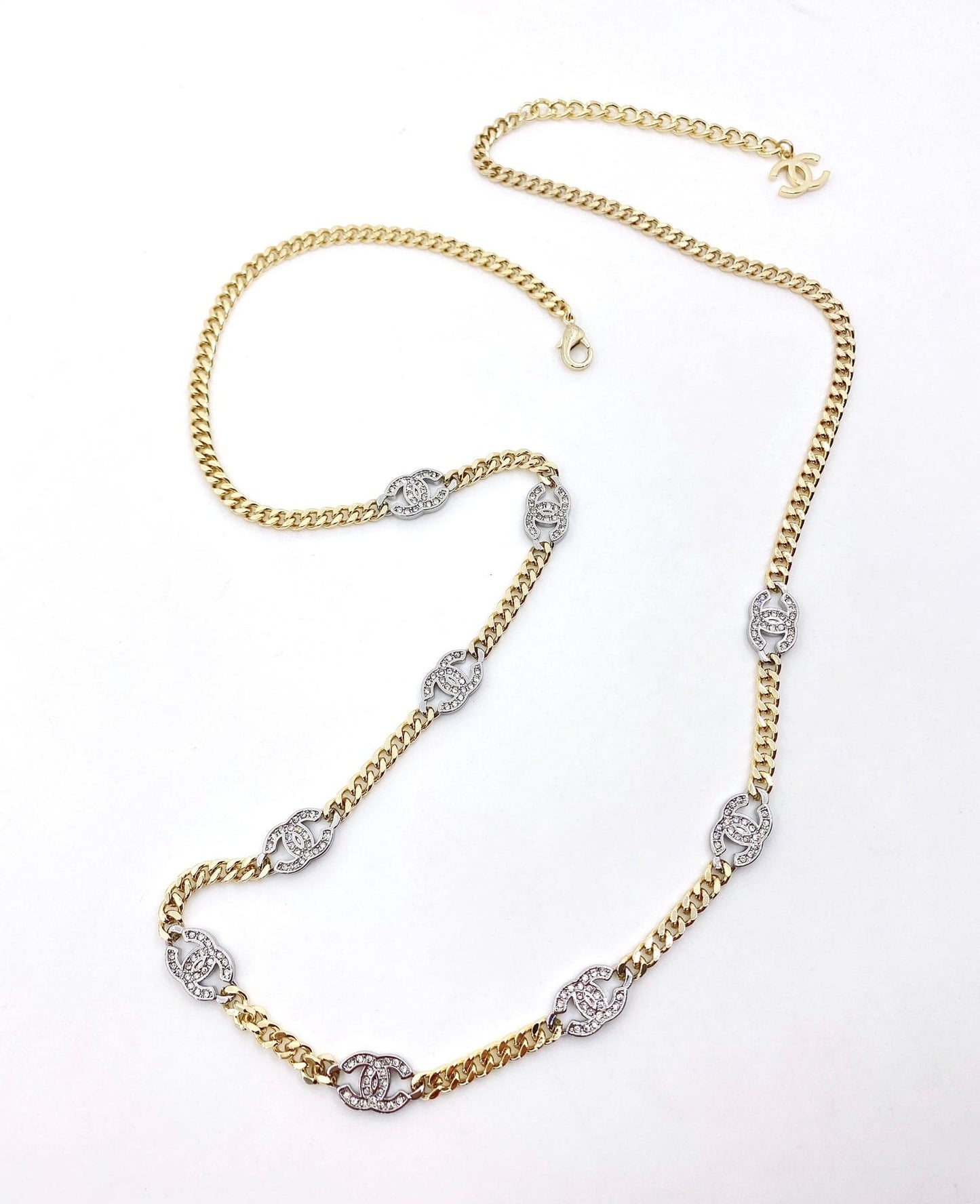 Chanel Crystal Chain Link 18K Gold Necklace