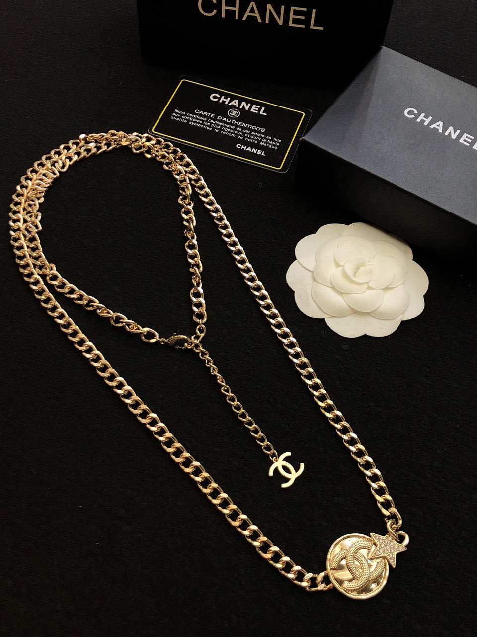 Chanel Rhinestone Star Chain 18K Gold Necklace