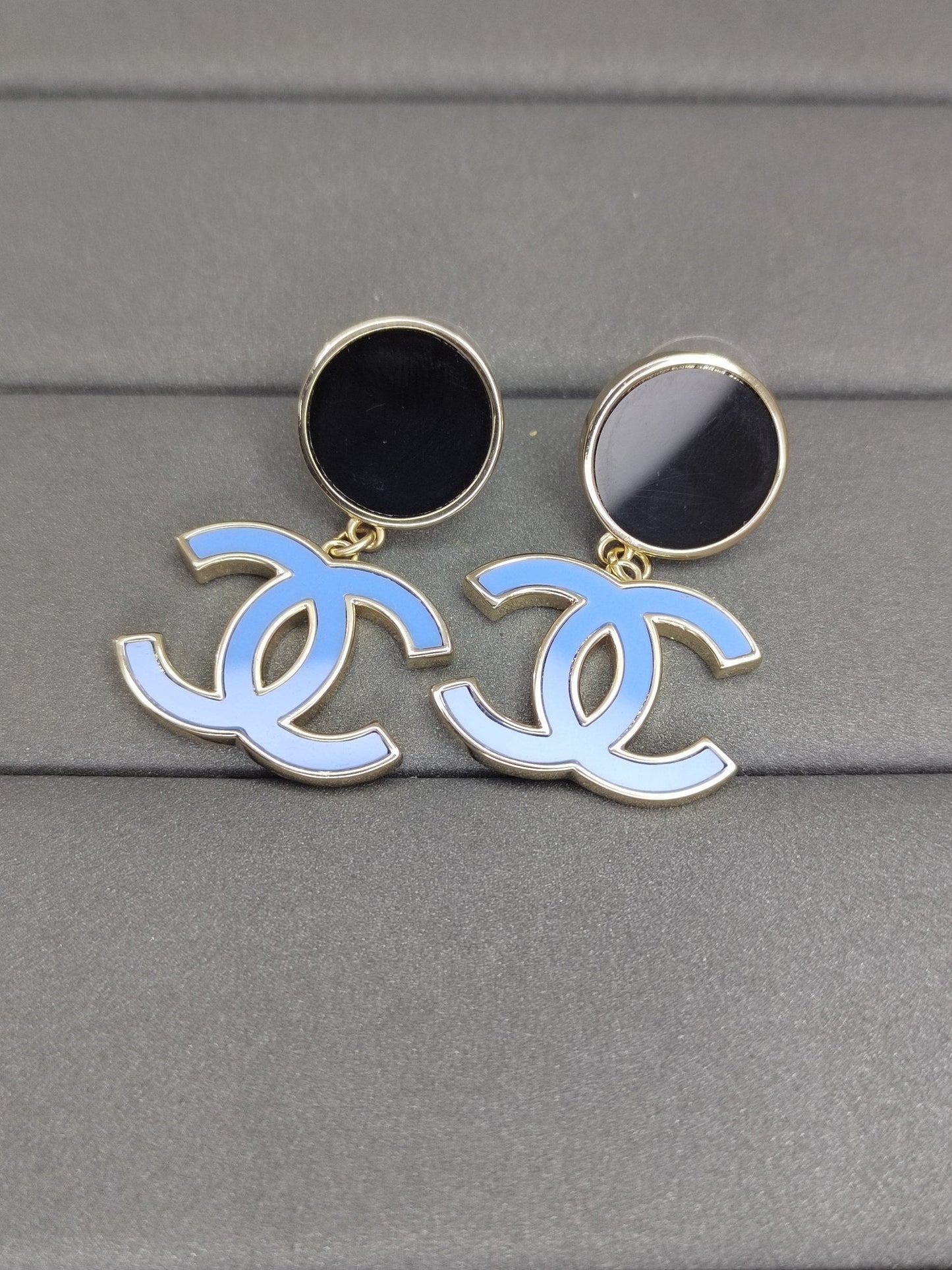 Chanel Classic Blue Dangle 18K Gold Earrings