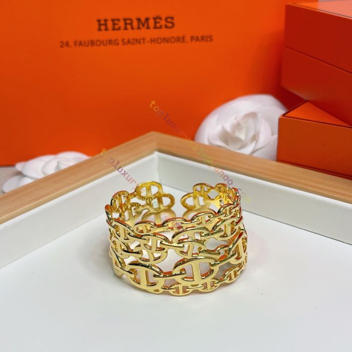 Hermes Chaine D'Ancre Wide Cutwork 18K Gold Bracelet
