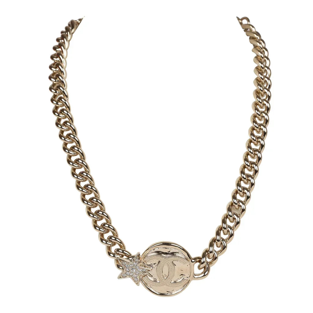 Chanel Rhinestone Star Chain 18K Gold Necklace