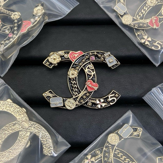 Chanel Black & Red Heart 18K Gold Brooch