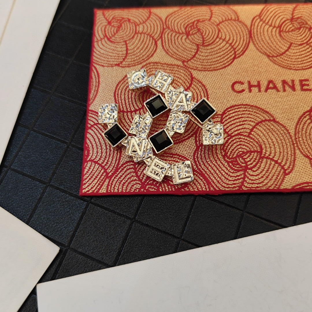 Chanel Black Crystals 18K Gold Brooch