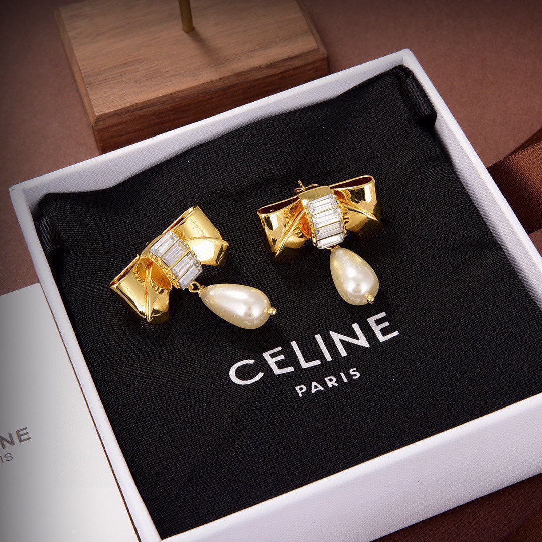 Celine Butterfly Pearl Pendant 18K Gold Earrings