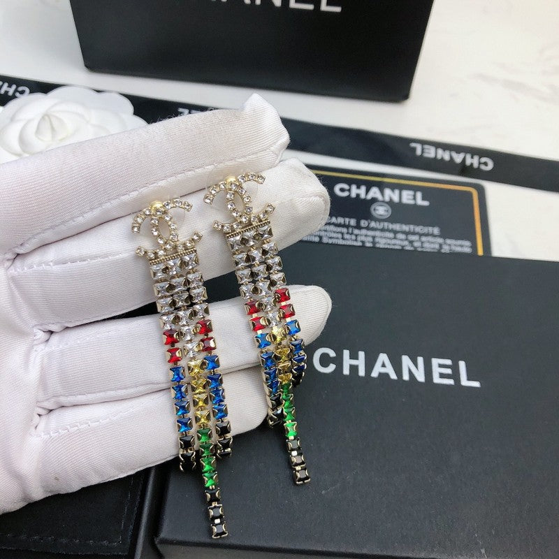 Chanel Long Tassel Color Crystal 18K Gold Earrings