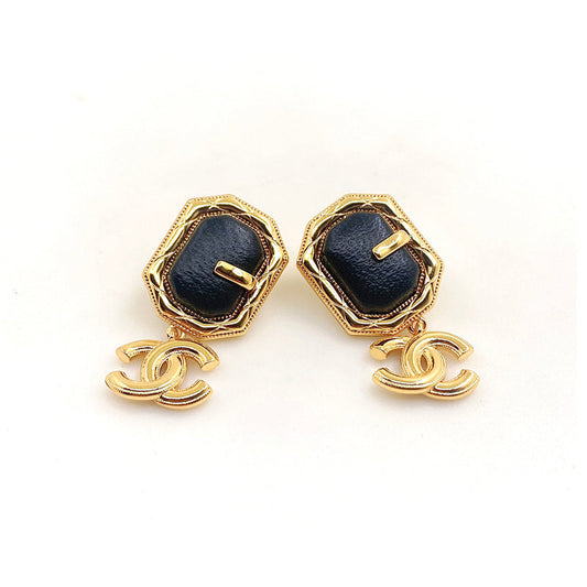 Chanel Pendant Leather 18K Gold Earrings