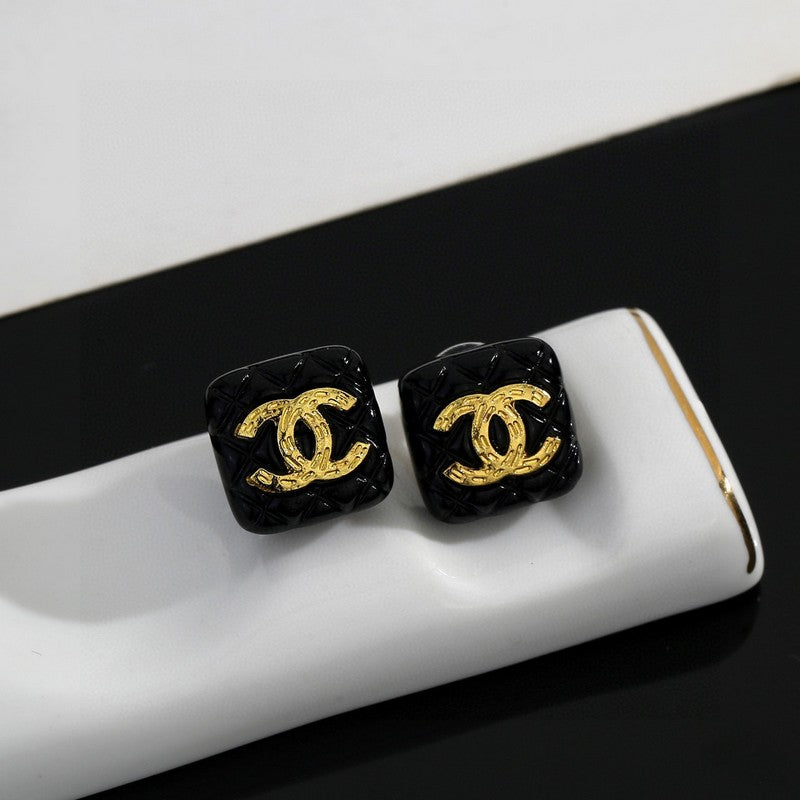 Chanel Black Gold Square 18K Gold Earrings