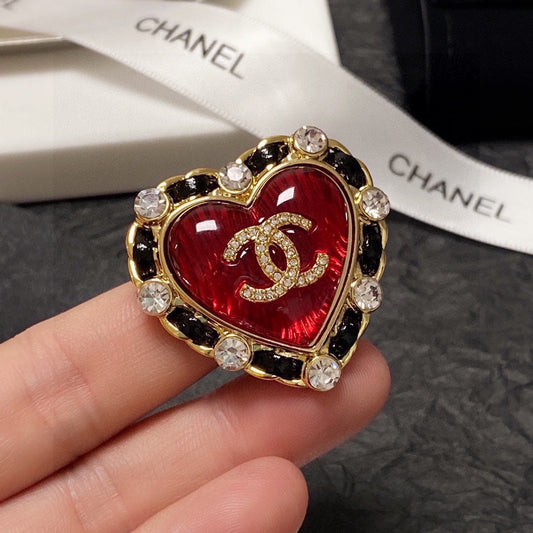 Chanel Red Crystal Heart 18K Gold Brooch
