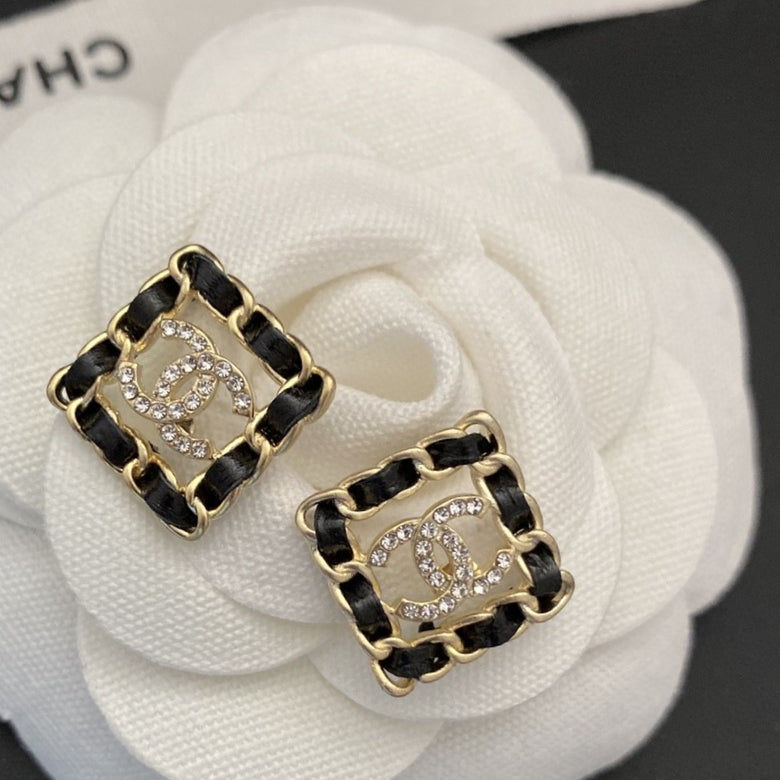 Chanel Square Leather 18K Gold Earrings