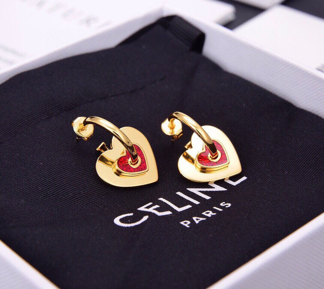Celine Red Heart 18K Gold Earrings