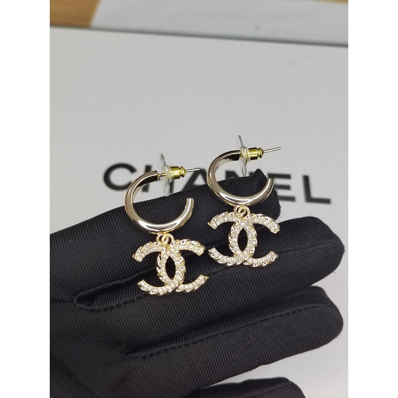 Chanel Diamond Pendant 18K Gold Earrings