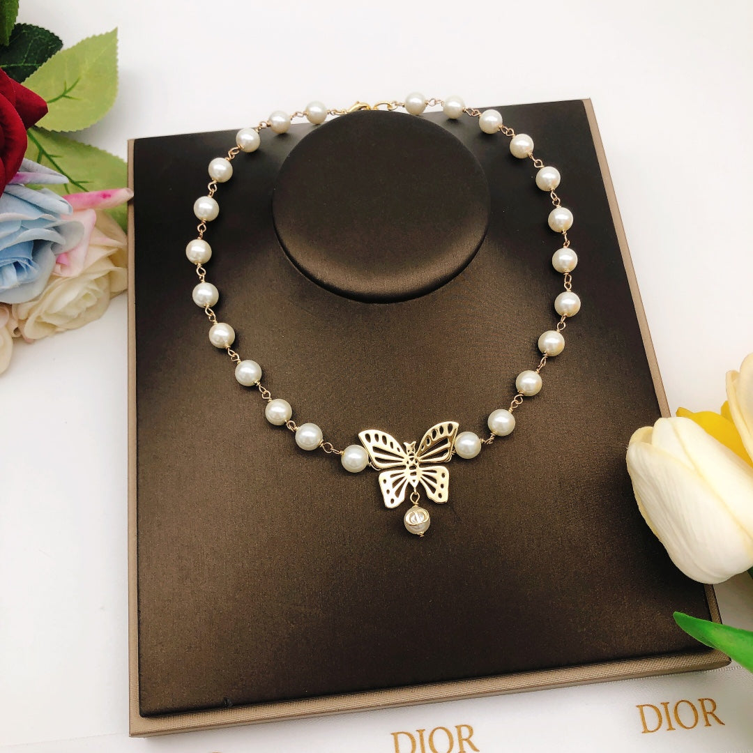 Dior Butterfly Pearl Chain 18K Gold Necklace