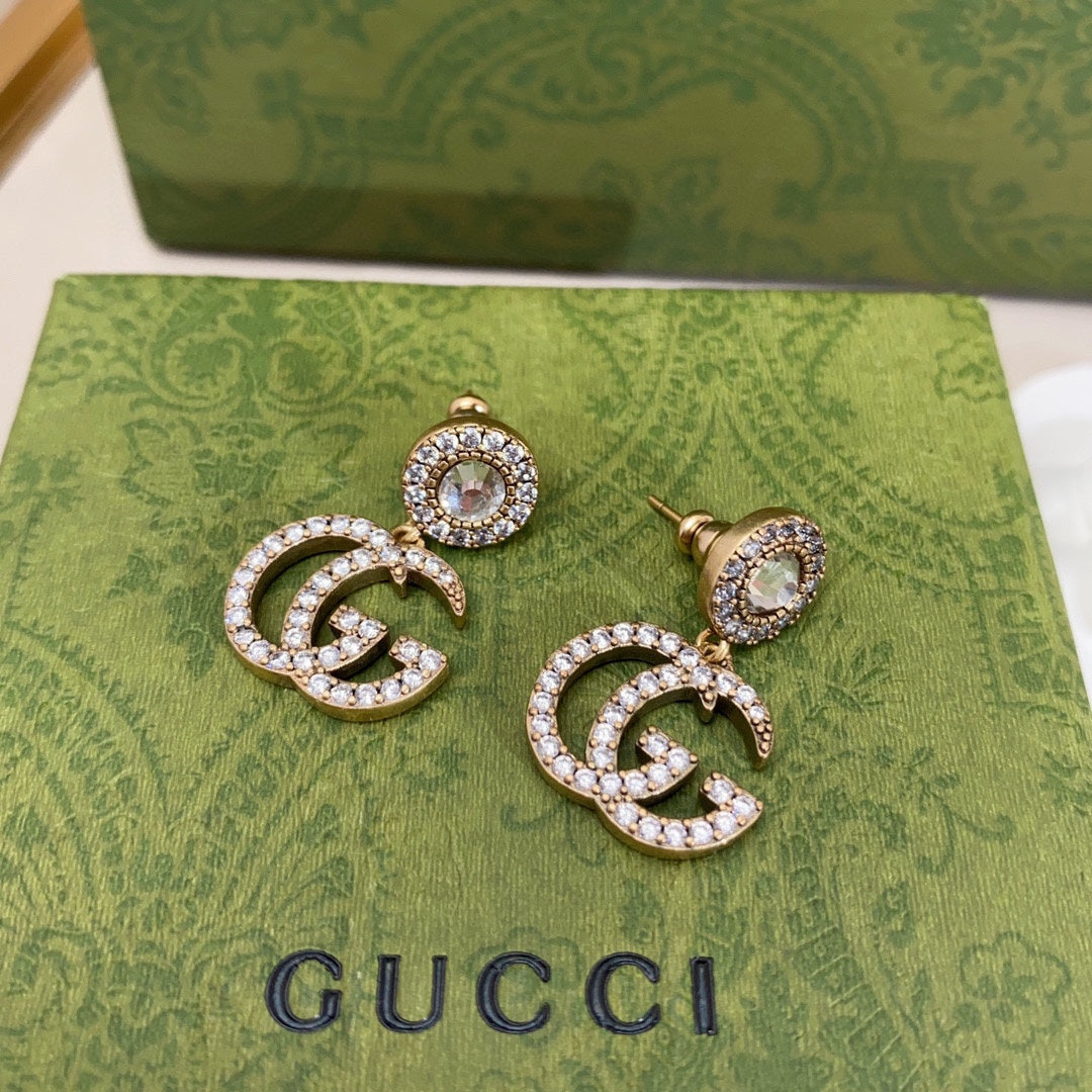 Gucci Double Crystal Pendant 18K Gold Earrings