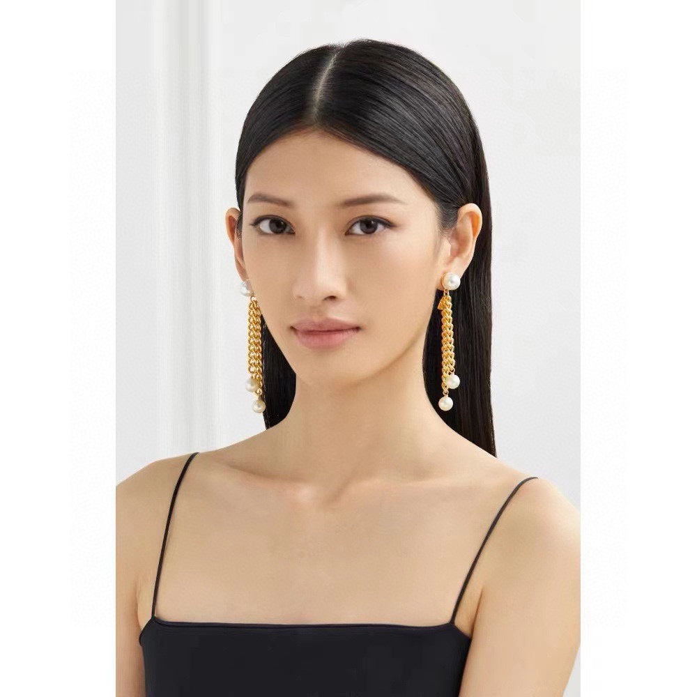 Celine Pearls Long 18K Gold Earrings