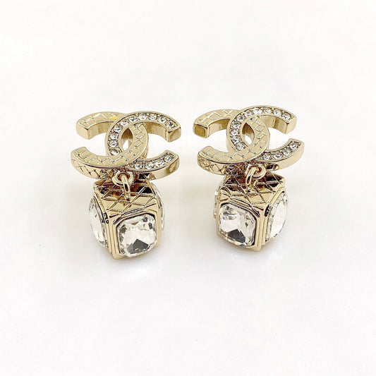 Chanel Square Crystal Pendant 18K Gold Earrings