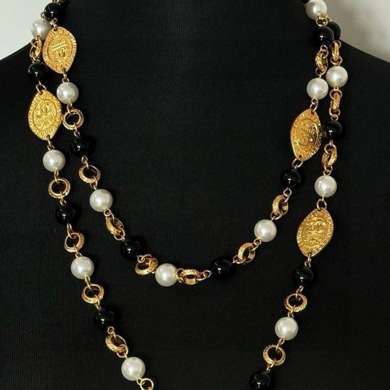 Chanel Long Black & White Pearls 18K Gold Necklace
