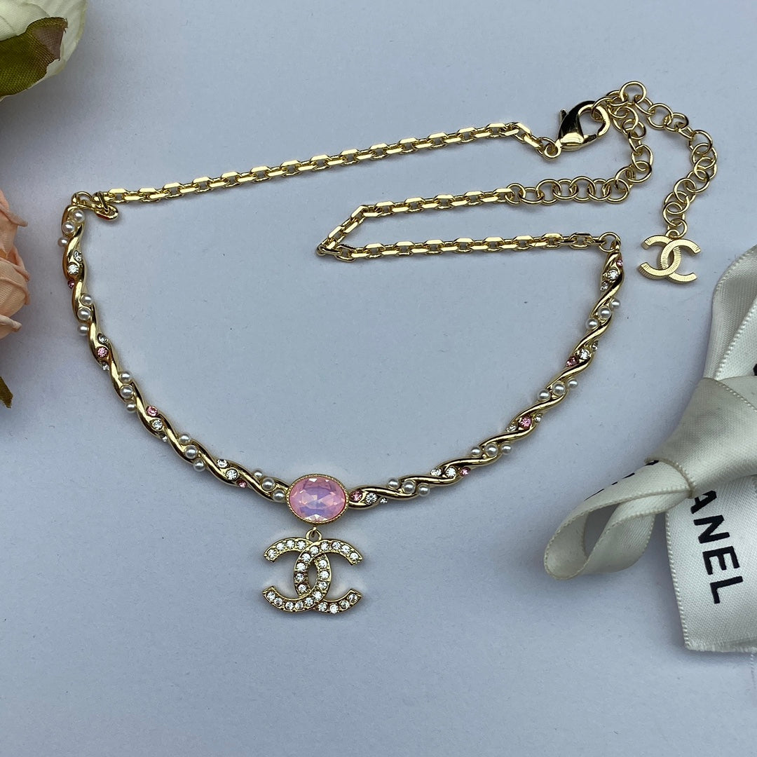 Chanel Pink Crystal 18K Gold Necklace