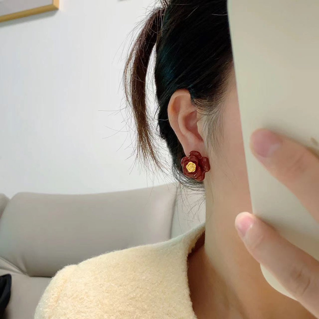 Chanel Red Camellia Resin 18K Gold Earrings