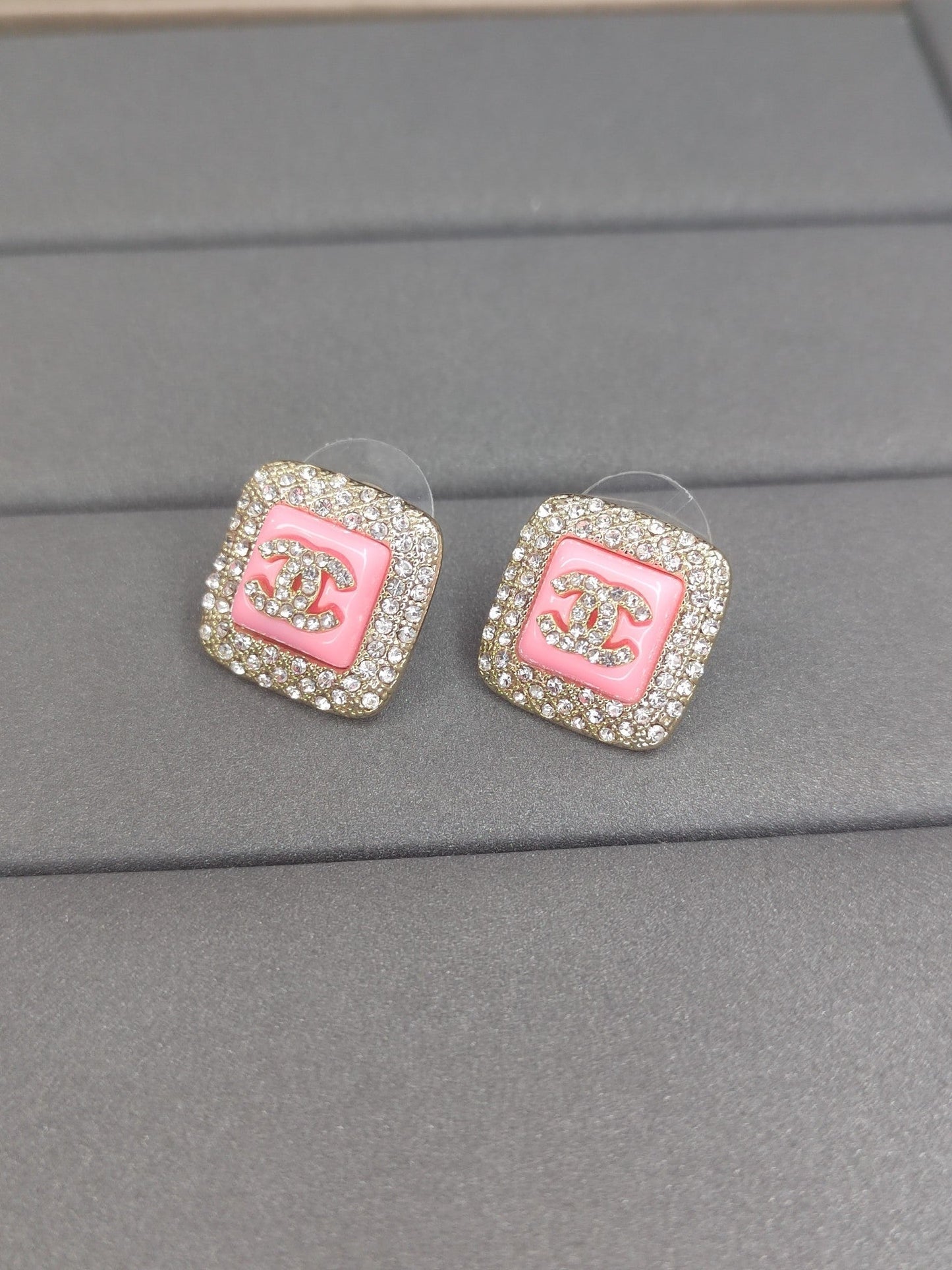Chanel Diamond Square Pink 18K Gold Earrings