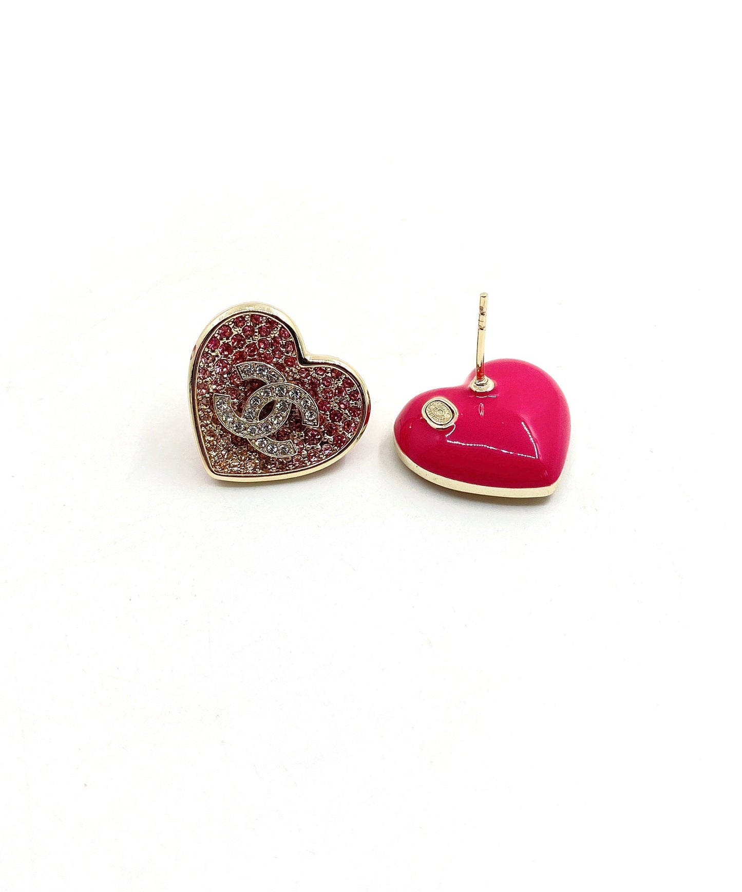 Chanel Diamond Pink Heart 18K Gold Earrings