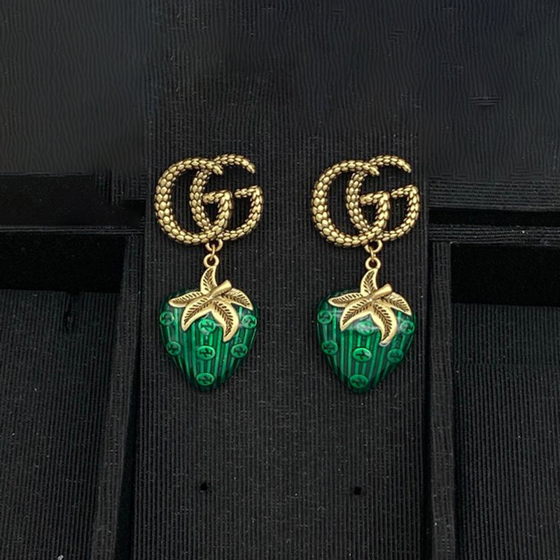Gucci Double Green & Red Berry 18K Gold Earrings
