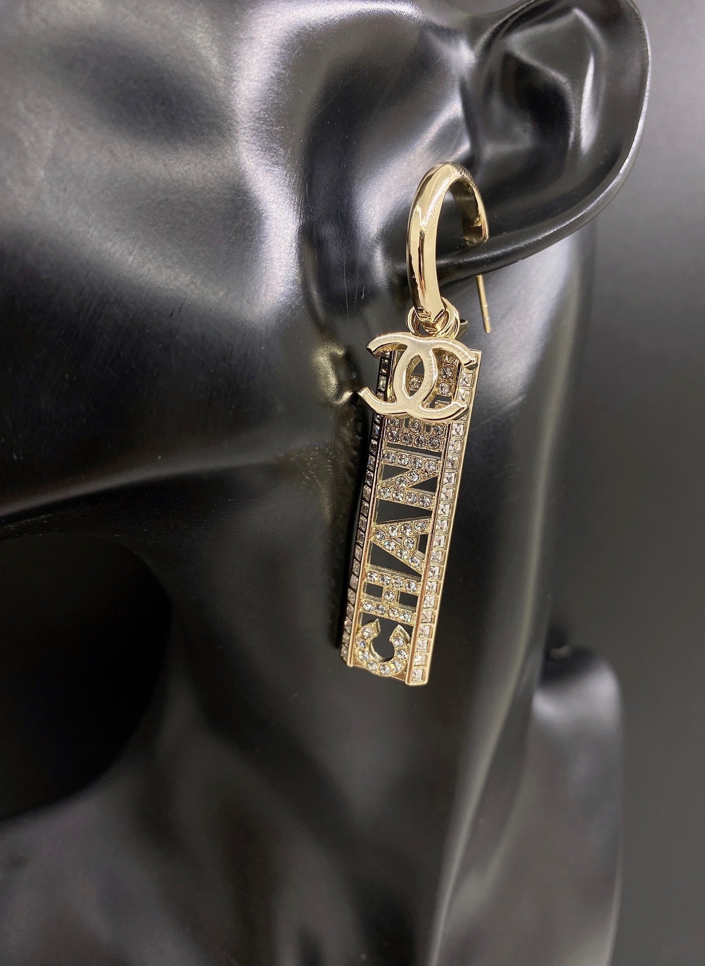 Chanel Crystals Long Letter 18K Gold Earrings