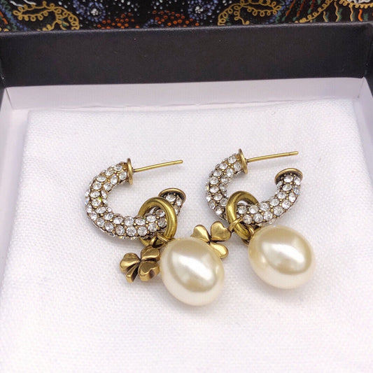 Dior March Grass Pearl Crystals 18K Gold Earrings
