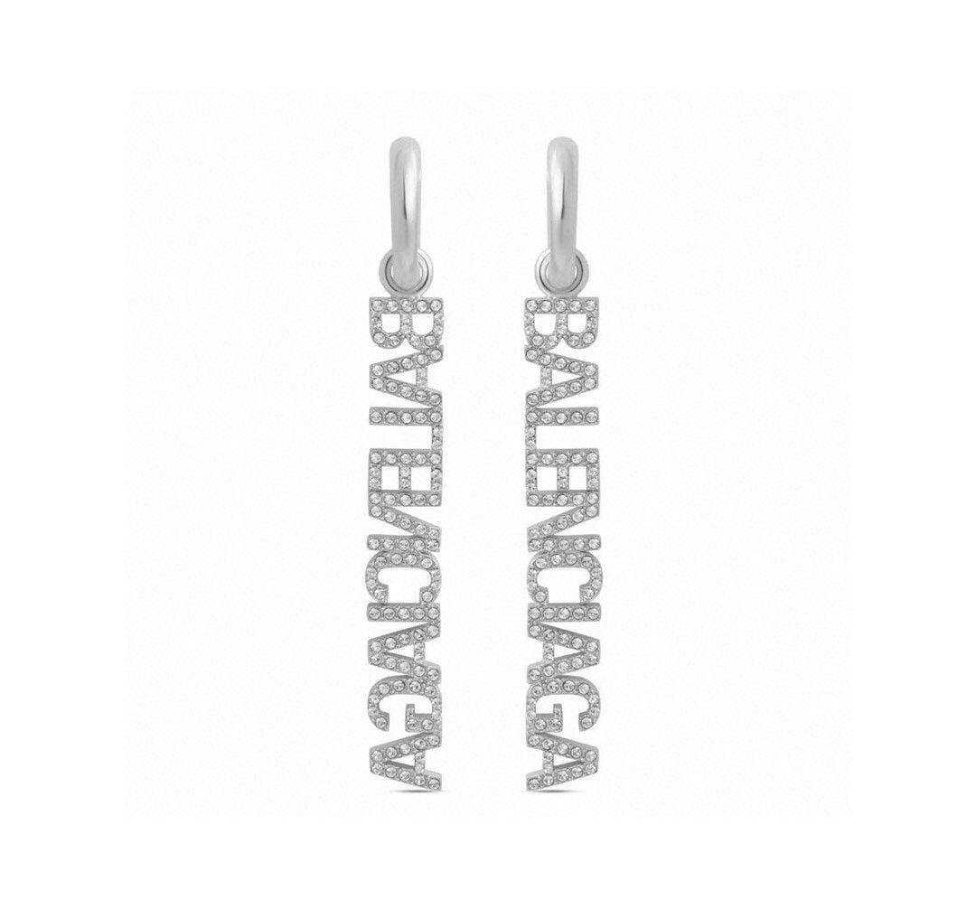 Balenciaga Typo Mirror Hoop Crystals 18K Gold Earrings