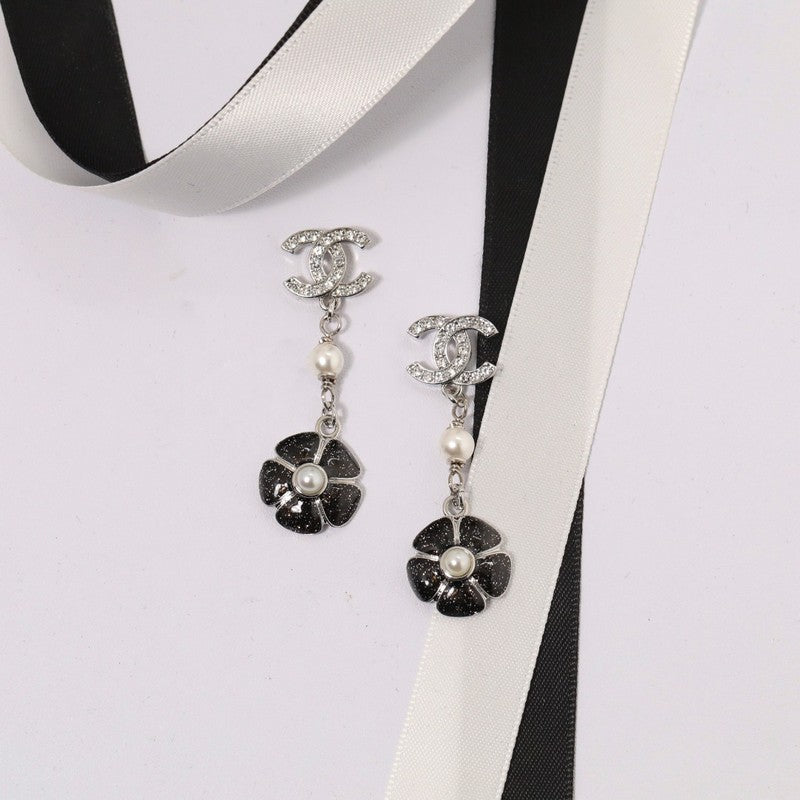Chanel Black & Pink Camellia Diamond Long 18K Gold Earrings