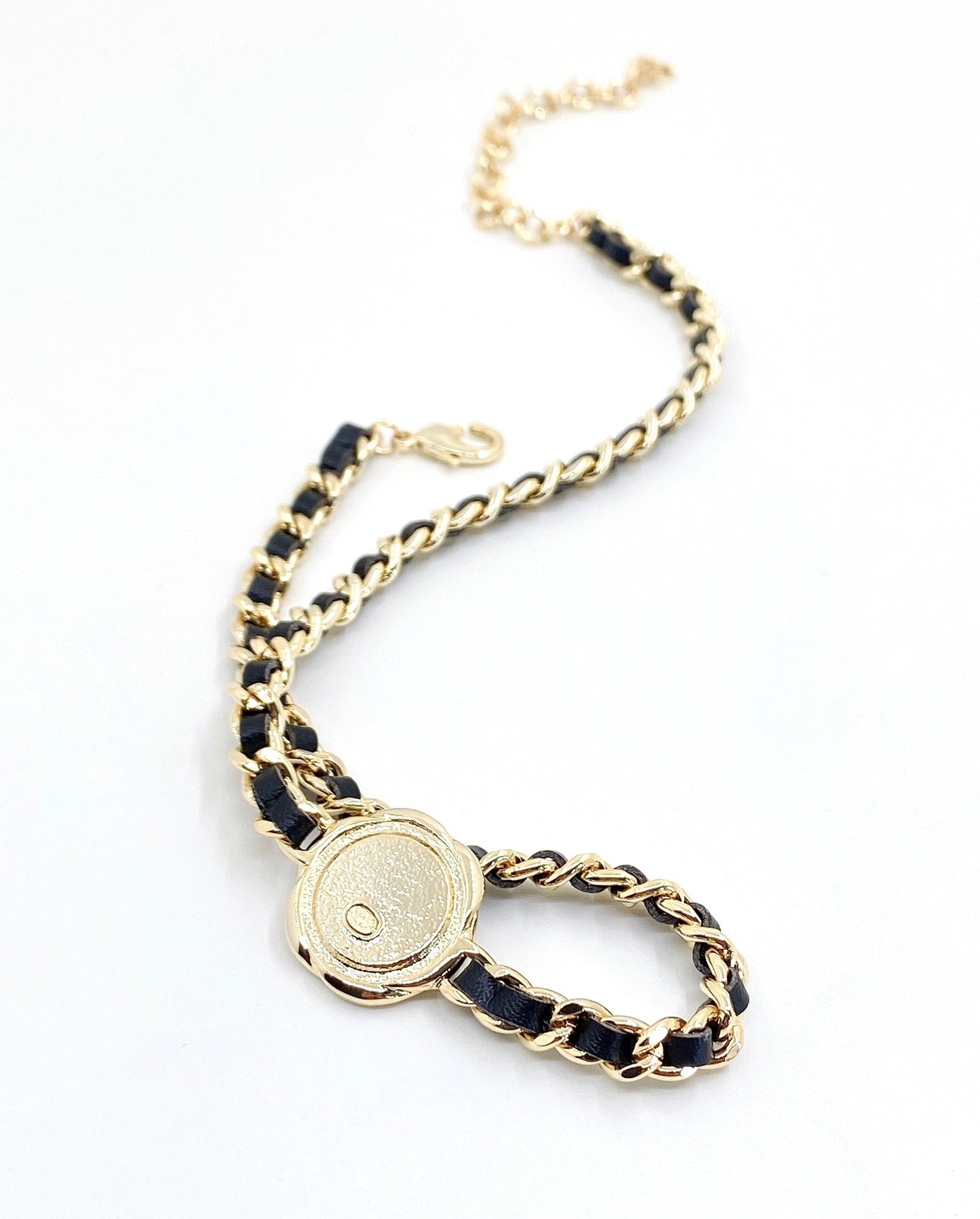 Chanel Rhinestone Leather Choker 18K Gold Necklace
