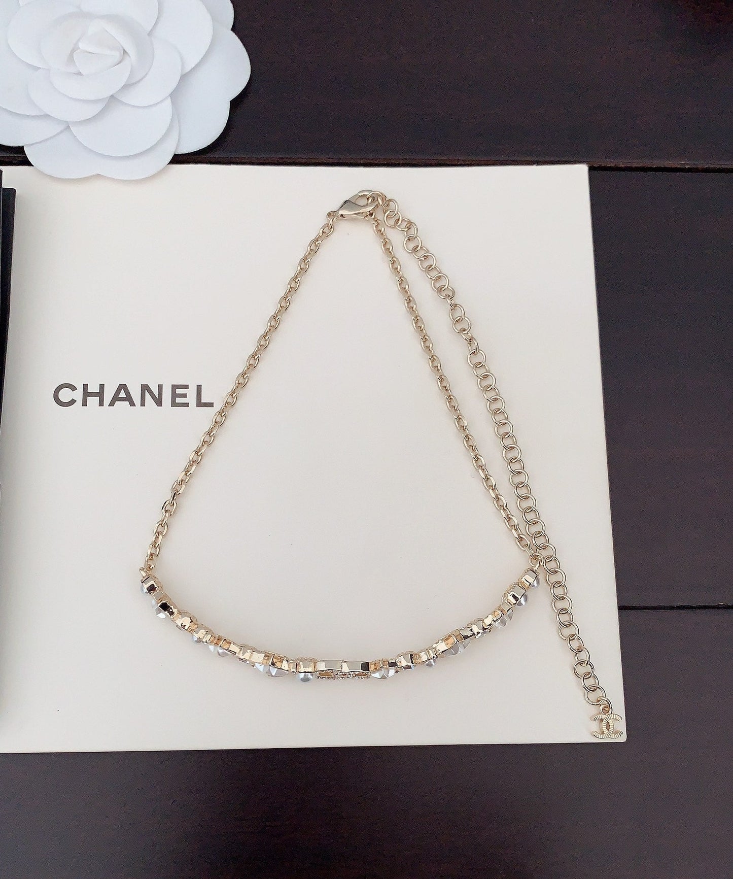 Chanel White Pearl Crystals 18K Gold Necklace
