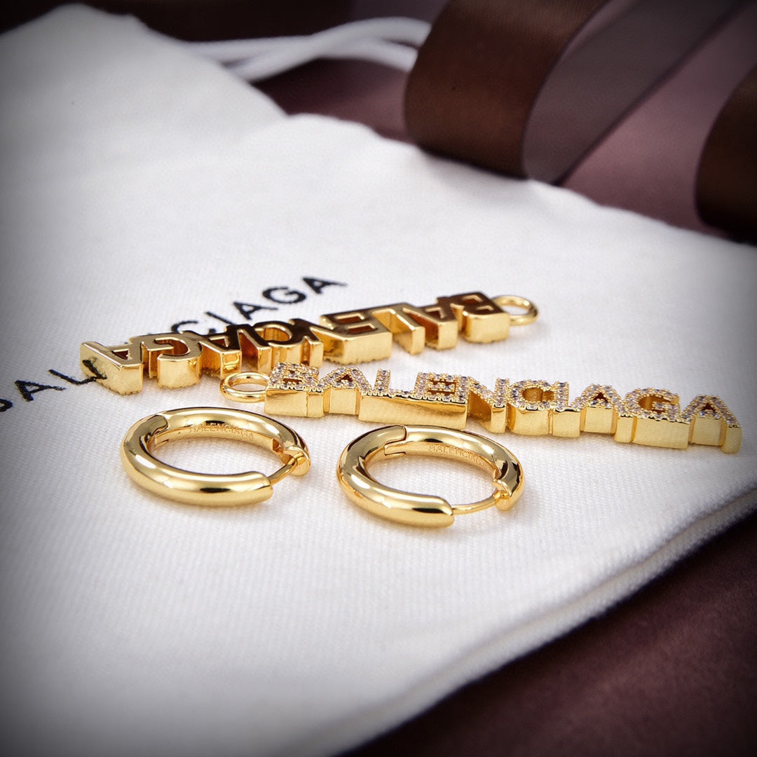 Balenciaga Typo Mirror Hoop Crystals 18K Gold Earrings