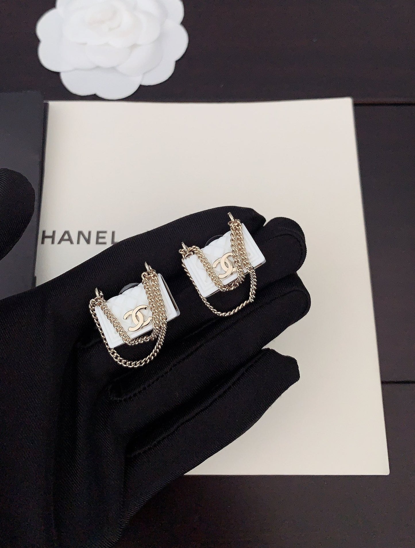 Chanel White Bag 18K Gold Earrings