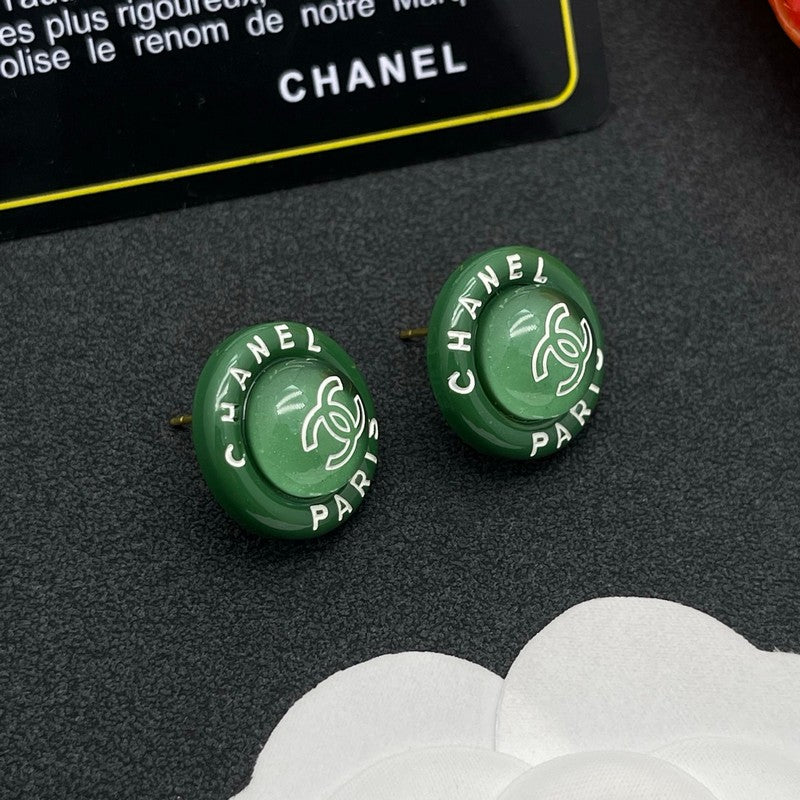 Chanel Green Round 18K Gold Earrings