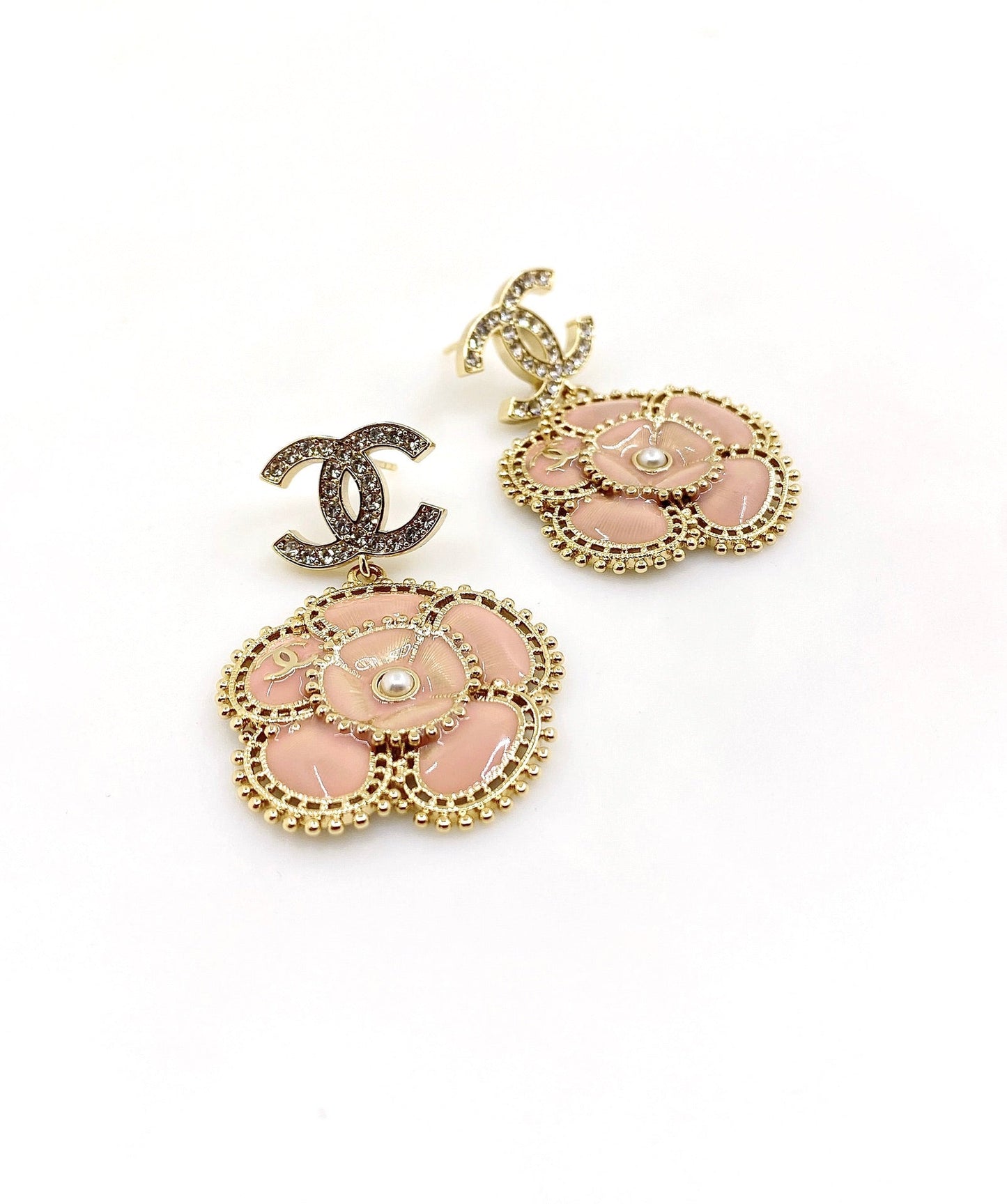 Chanel Pink Flower 18K Gold Earrings