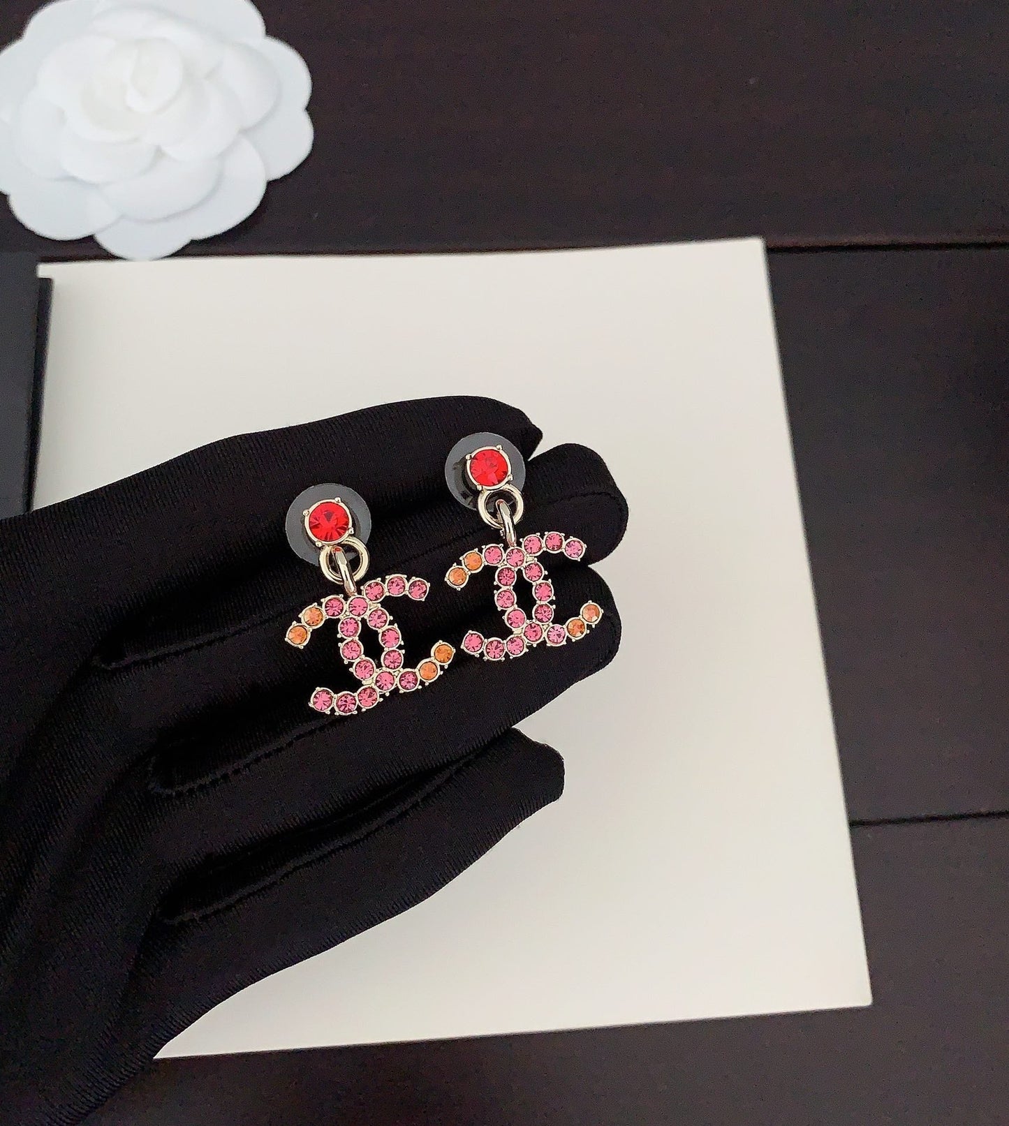 Chanel Pink Crystals 18K Gold Earrings
