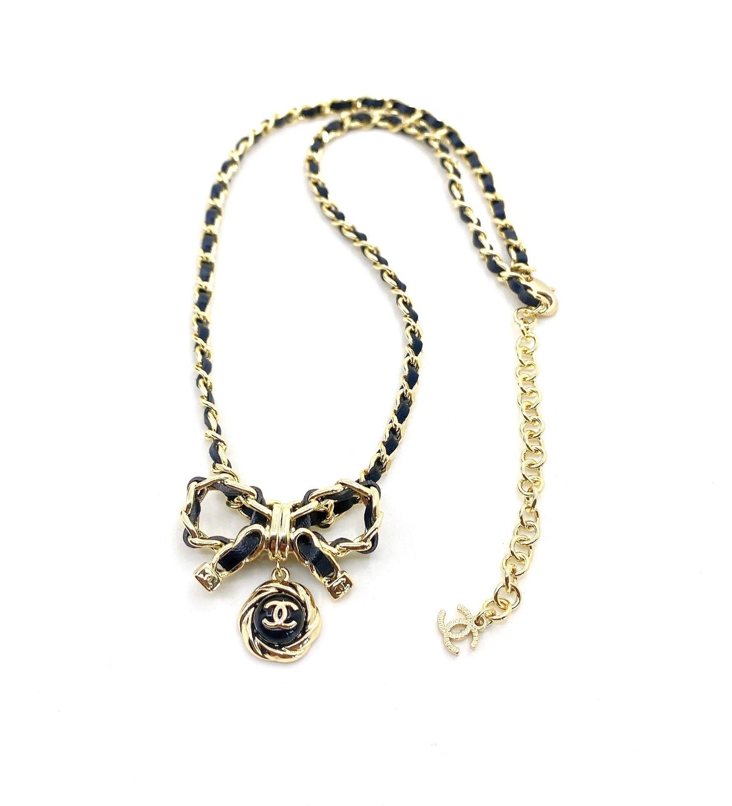Chanel Rhinestone Bow Tie 18K Gold Necklace