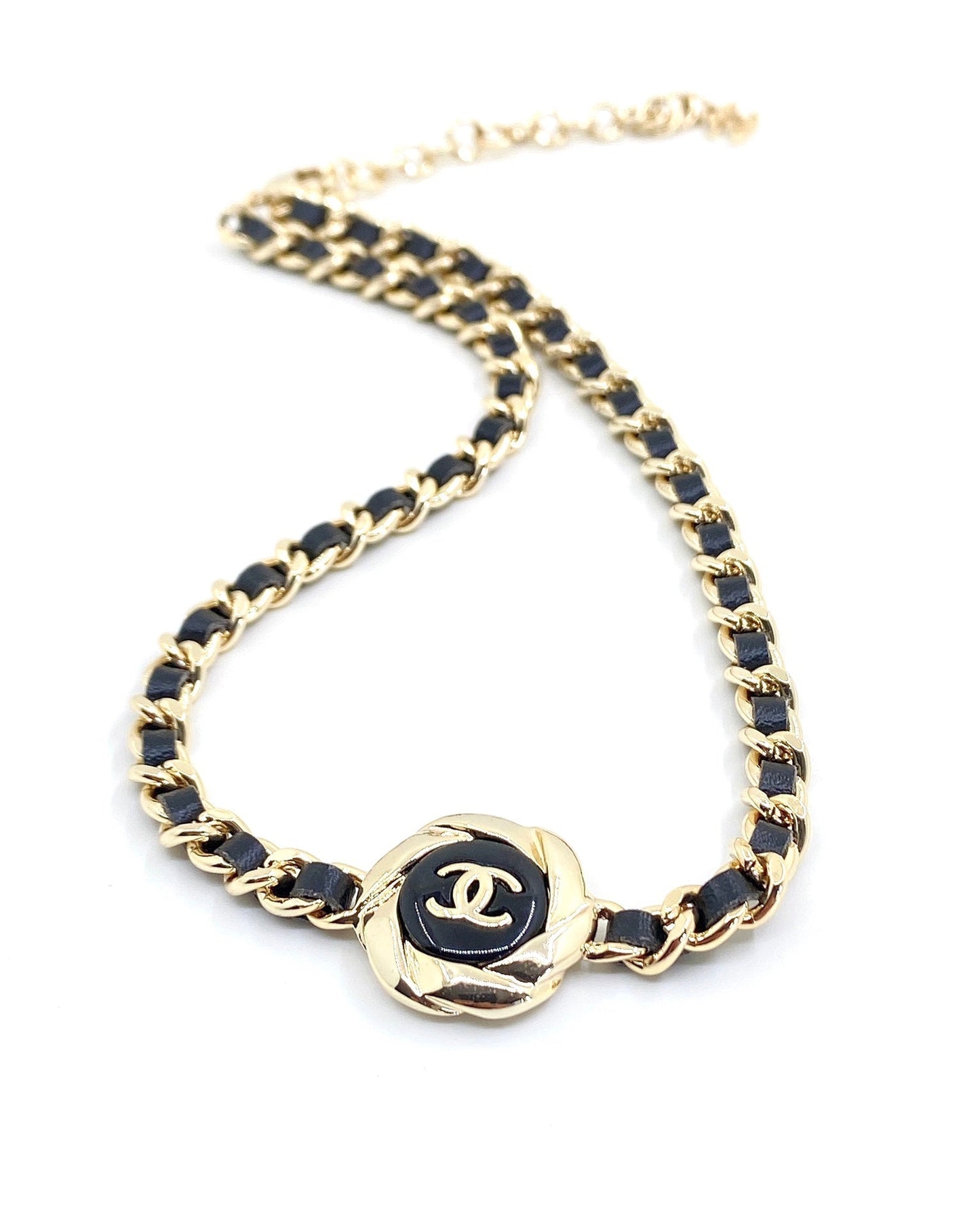 Chanel Rhinestone Leather Choker 18K Gold Necklace