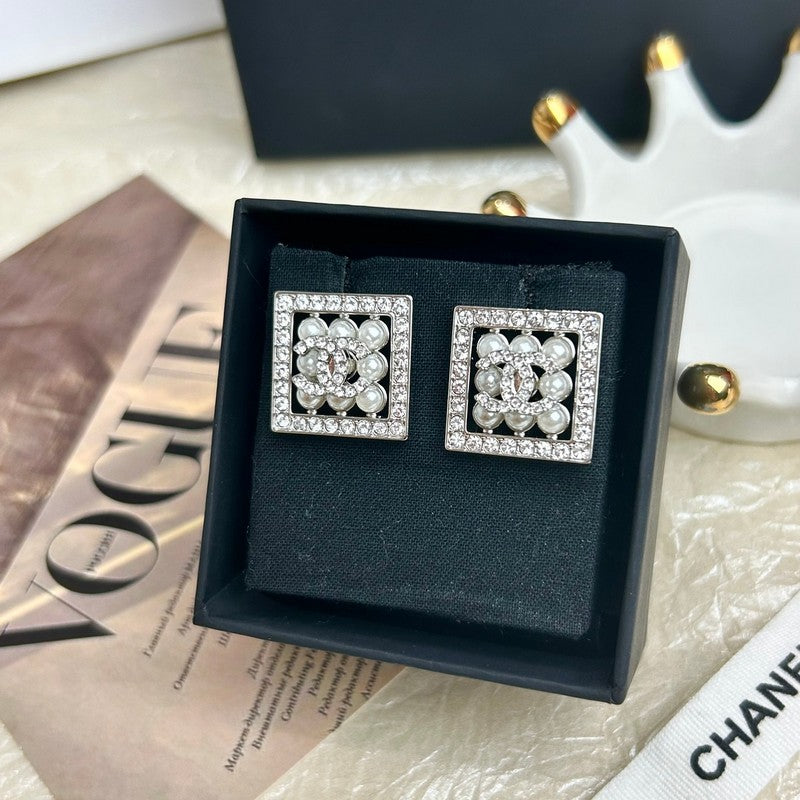 Chanel Diamond & Pearl Square 18K Gold Earrings