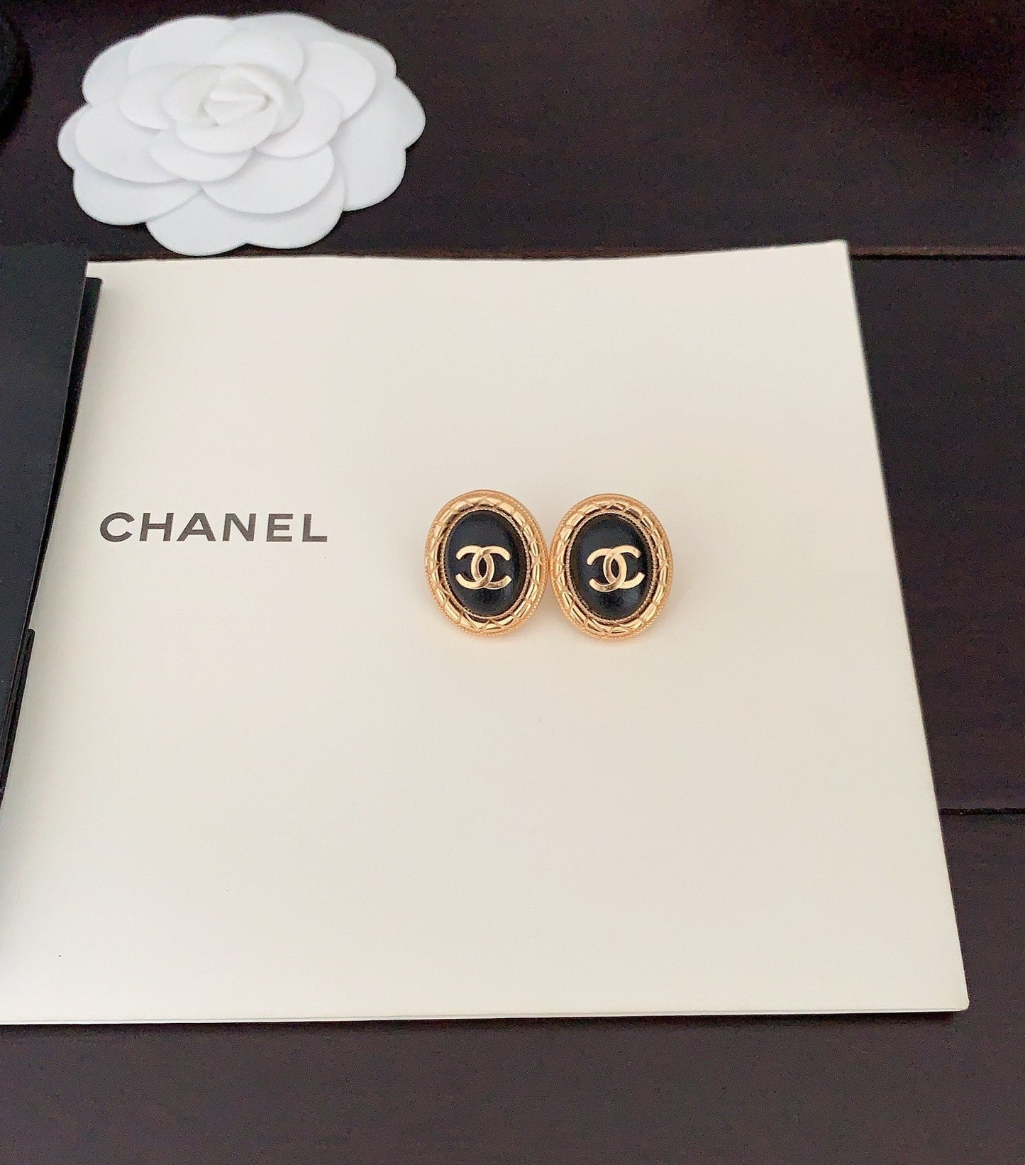 Chanel Oval Leather 18K Gold Earrings